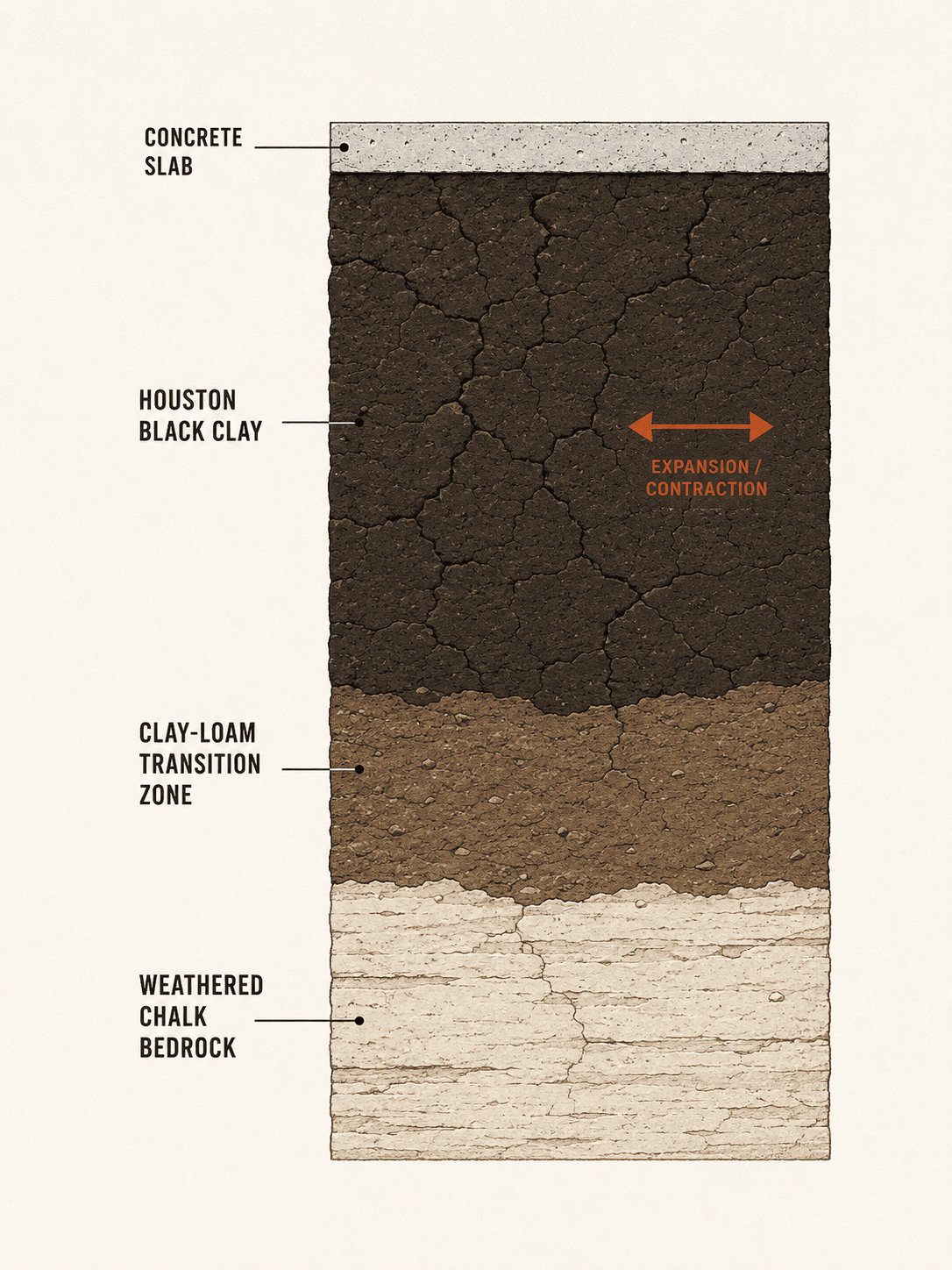 Cross-section of soil layers beneath a typical Plano concrete slab — concrete, Houston Black clay, clay-loam transition, weathered chalk bedrock